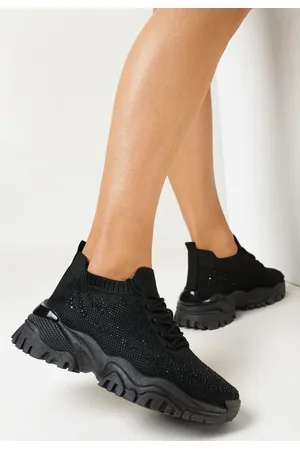 INNY Kobieta Grubej - Czarne Wsuwane Sneakersy na Grubej Podeszwie z Cyrkoniami Foldaia