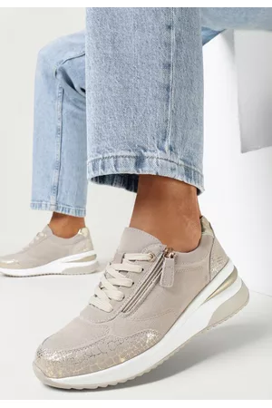 INNY Kobieta Sneakersy z Naturalnej Skóry - Beżowo-Złote Sneakersy ze Skóry Naturalnej na Grubej Podeszwie Mylanita