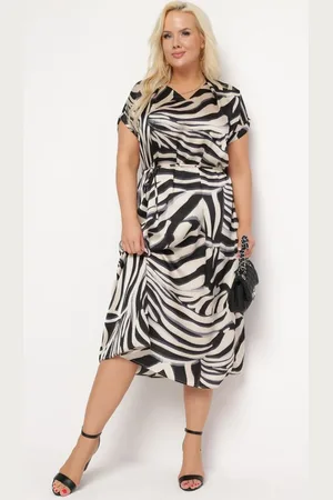 The Other Beżowo-Czarna Pudełkowa Sukienka Midi z Materiałowym Paskiem w Animal Print Ovita