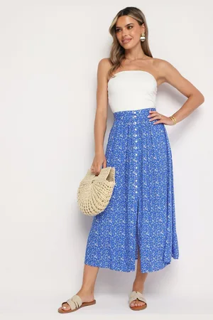 The Other Niebieska Spódnica Maxi w Kwiatowy Print z Guziczkami Kasphine
