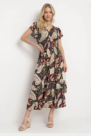 The Other Czarna Bawełniana Sukienka Boho z Gumką w Talii i Wzorem Paisley Sirrelia