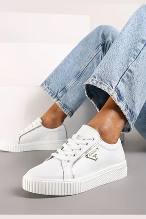 INNY Białe Płaskie Skórzane Sneakersy z Aplikacją Trójkąta Labriene