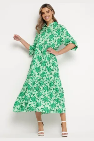 The Other Zielona Sukienka Maxi w Kwiatowy Wzór z Koszulową Górą Lithaia