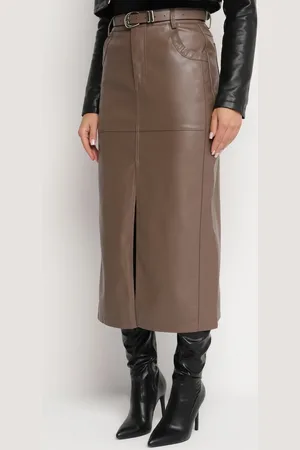 The Other Brązowa Długa Spódnica High Waist z Imitacji Skóry z Dodatkowym Paskiem i Rozcięciem Wyneti