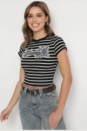 The Other Czarno-Biały Bawełniany T-shirt w Paski z Jeansową Naszywką i Napisem Velviola
