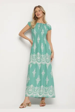 The Other Jasnozielona Wiskozowa Sukienka z Marszczoną Góra i Wzorem Boho Ellifae
