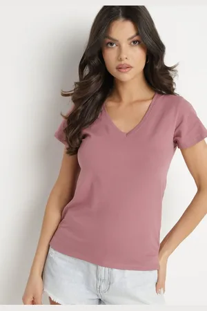 The Other Ciemnoróżowy T-shirt z Bawełny z Dekoltem w Serek Liniviela