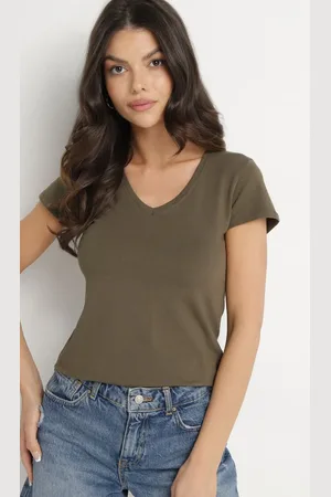 The Other Ciemnozielony T-shirt z Bawełny z Dekoltem w Serek Liniviela
