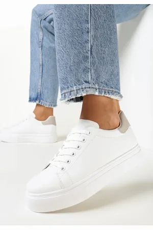 INNY Biało-Beżowe Sneakersy na Płaskiej Podeszwie z Okrągłym Noskiem Azethia