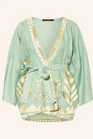 Greek Archaic Kori Kimono Feather Z Lnu Z Błyszczącą Przędzą gruen