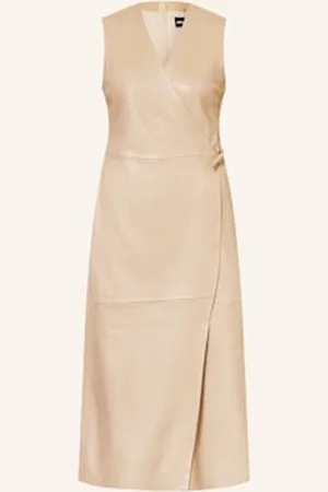 HUGO BOSS Sukienka Skórzana Syesha W Stylu Kopertowym beige
