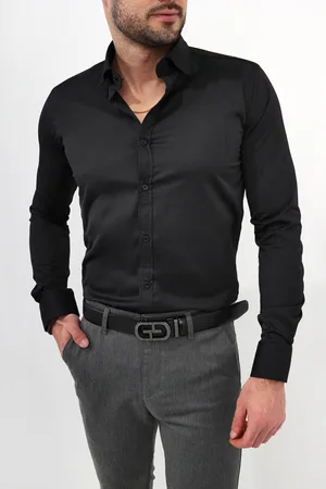 Butiklalala Koszula męska klasyczna czarna z kołnierzykiem slim fit