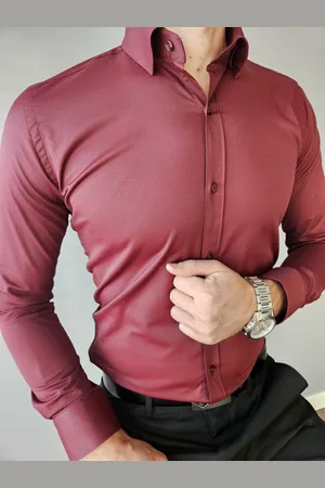 Butiklalala Koszula męska klasyczna bordowa z kołnierzykiem slim fit