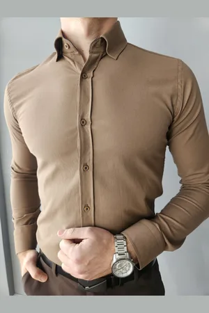 Butiklalala Koszula męska ciemny beż z fakturą kołnierzyk slim fit