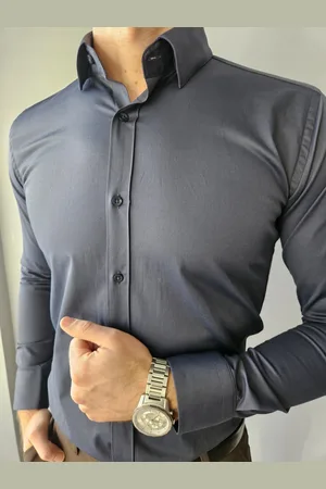 Butiklalala Koszula męska klasyczna szara z kołnierzykiem slim fit