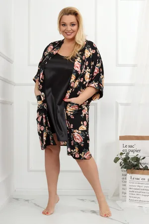 KOBIECANKI KOMPLET AURORA - Szlafrok satynowy plus size + koszulka satynowa