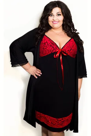 Producent Polski Don Komplet - koszulka nocna plus size z koronką LIONA + gładki szlafrok XXL CZARNY