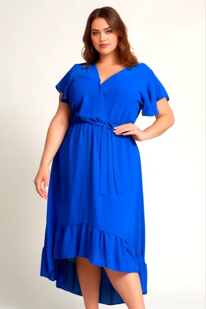 Producent Polski Don Asymetryczna sukienka plus size z falbankami Rhodio ( r. 44-54)