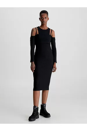 Calvin Klein Kobieta Długim Rękawem - Dwuwarstwowa sukienka midi z wycięciem
