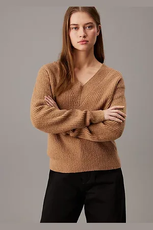 Calvin Klein Ściągaczowy sweter boucle z dekoltem w serek