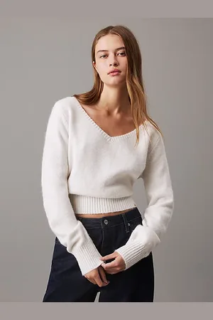 Calvin Klein Pluszowy sweter z mieszanki wełny z dekoltem w serek