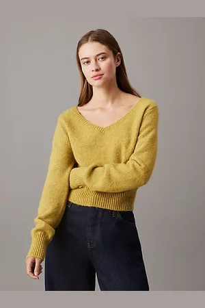 Calvin Klein Pluszowy sweter z mieszanki wełny z dekoltem w serek
