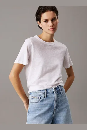 Calvin Klein Swobodny T-shirt dżersejowy z domieszką lnu