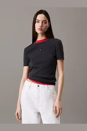 Calvin Klein Wąski T-shirt ze ściągaczowej bawełny