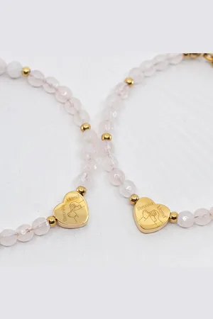 Dedicante Zestaw bransoletek serca przeplatane z kamieni naturalnych kwarc różowy mama i córka z personalizacją