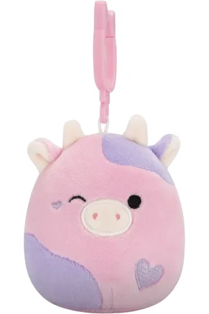 SQUISHMALLOWS Przypinana puszczająca oczko różowo-fioletowa krowa Patty, 9 cm
