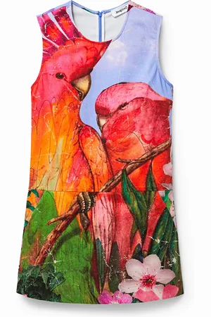 Desigual Sukienka ogrodniczka z nadrukiem w stylu tropikalnym