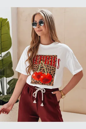 D-Street T-shirt damskie oversize z wiśniami WISONKA biały RY2876