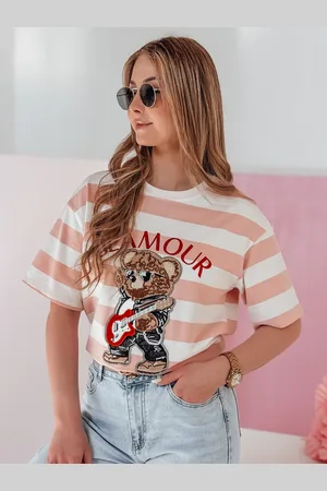 D-Street T-shirt damskie oversize w paski z haftem STRIPROCK różowy RY2868