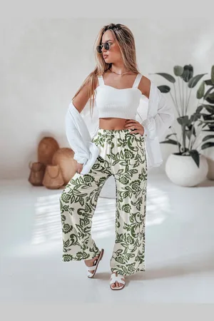 D-Street Spodnie damskie wide leg w kwiaty LOVEGARDEN zielone UY2656