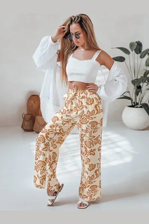 D-Street Spodnie damskie wide leg w kwiaty LOVEGARDEN kamelowe UY2657