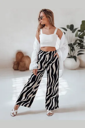 D-Street Spodnie damskie wide leg w paski ZEBRAVIBE beżowo-czarne UY2653