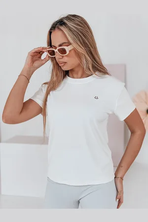 D-Street T-shirt damski prążkowany SMILE FOR YOU biały RY2910