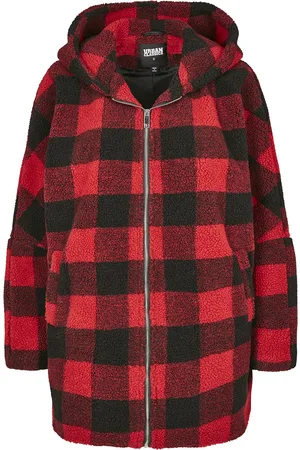 Urban classics Kobieta Kurtki zimowe - Ladies Hooded Oversized Check Sherpa Jacket - Kurtka zimowa - Kobiety - czerwony