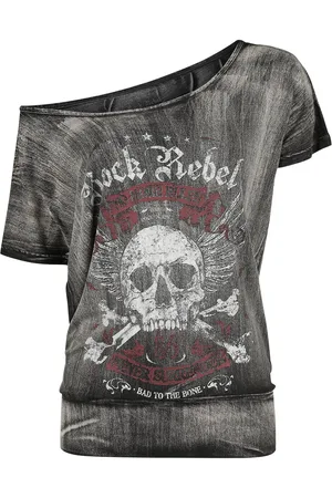 Rock Rebel T-Shirt z Dark Grey T-shirt with Wide Neckline and Print