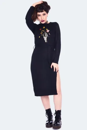 Jawbreaker Sukienka Medium Goth z Dead Flowers Embroidered Knitted Midi Dress