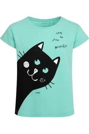 Endo T-shirt z krótkim rękawem dla dziewczynki, z kotem, zielony 9-13 lat