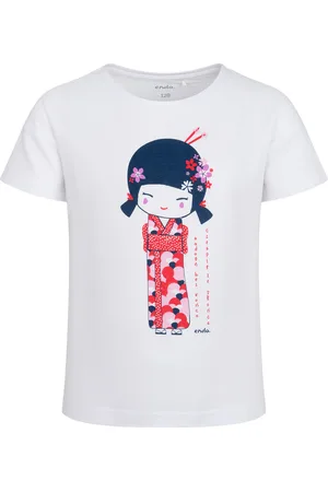 Endo T-shirt z krótkim rękawem dla dziewczynki, z motywem gejszy, biały 3-8 lat