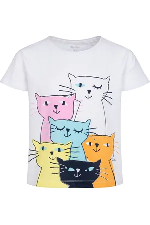 Endo T-shirt z krótkim rękawem dla dziewczynki, z kolorowymi kotami, biały 3-8 lat