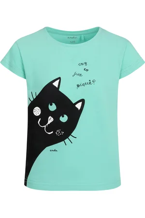 Endo T-shirt z krótkim rękawem dla dziewczynki, z kotem, zielony 3-8 lat