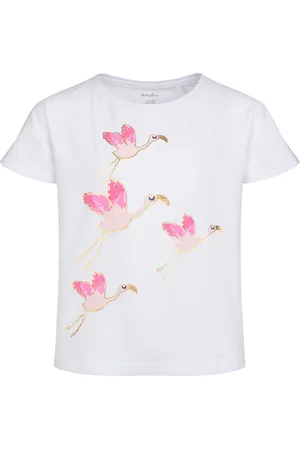 Endo T-shirt z krótkim rękawem dla dziewczynki, z lecącymi flamingami, biały 3-8 lat