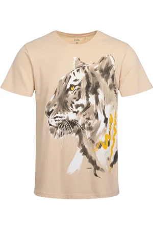 Endo Męski t-shirt z krótkim rękawem, z tygrysem, beżowy