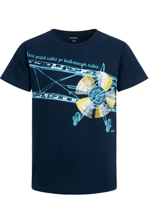 Endo T-shirt z krótkim rękawem dla chłopca, z samolotem, granatowy 9-13 lat