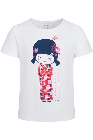 Endo T-shirt z krótkim rękawem dla dziewczynki, z motywem gejszy, biały 9-13 lat