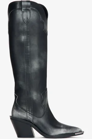 Estro Wysokie czarne kowbojki damskie w stylu vintage ze srebrnym detalem