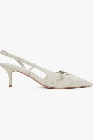 Estro Jasnobeżowe welurowe czółenka typu slingback na niskim obcasie